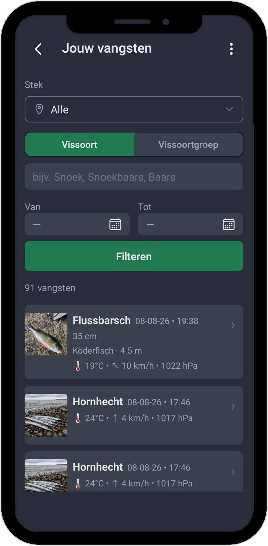 Screenshot: vangstenlijst met filteropties op visgebied, vissoort en periode