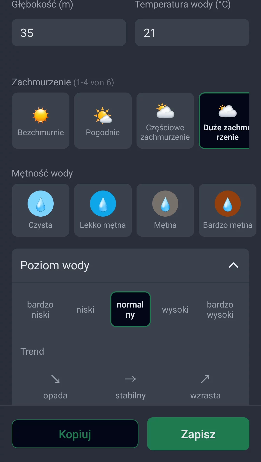 Zrzut ekranu: głębokość, temperatura wody, zachmurzenie, mętność wody i poziom wody z trendem podczas edycji połowu