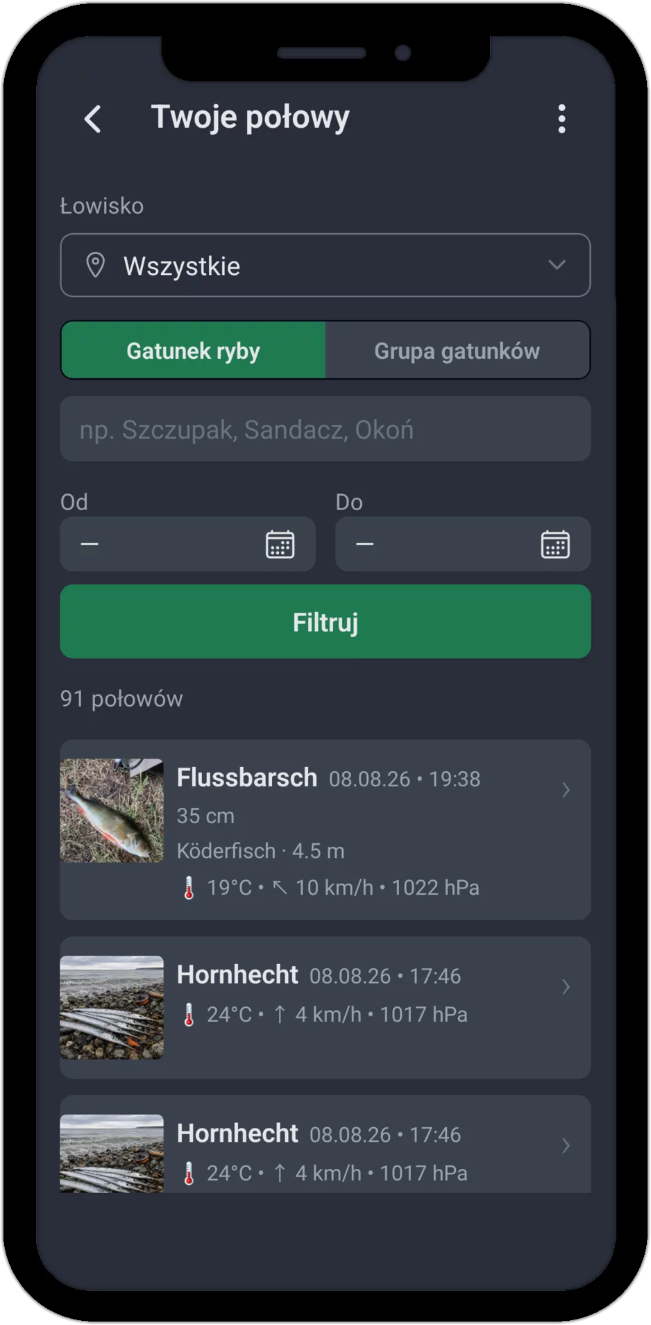 Zrzut ekranu: lista połowów z opcjami filtrowania według łowiska, gatunku i okresu