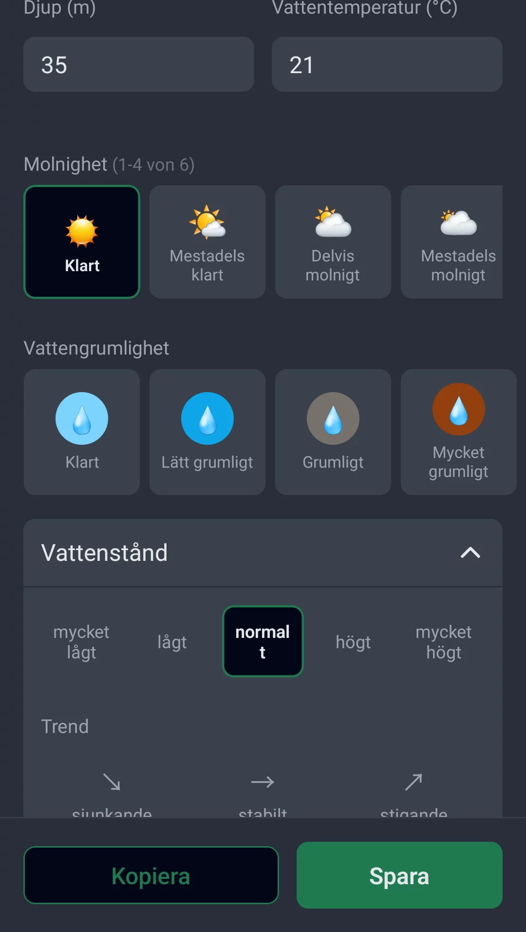 Skärmbild: djup, vattentemperatur, molnighet, vattengrumlighet och vattenstånd med trend vid redigering av en fångst