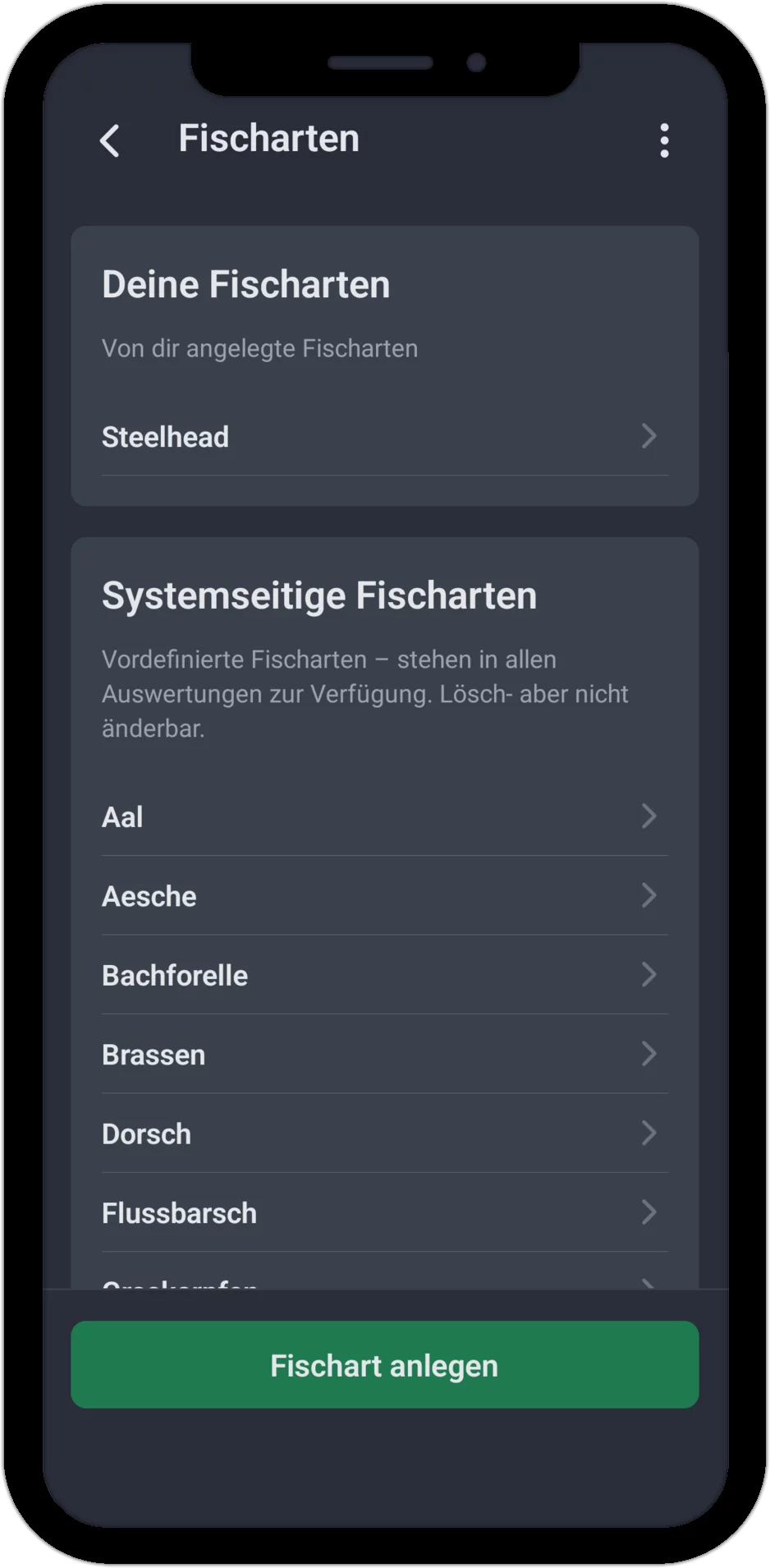 Screenshot: Fischarten-Liste mit eigenen und systemseitigen Fischarten