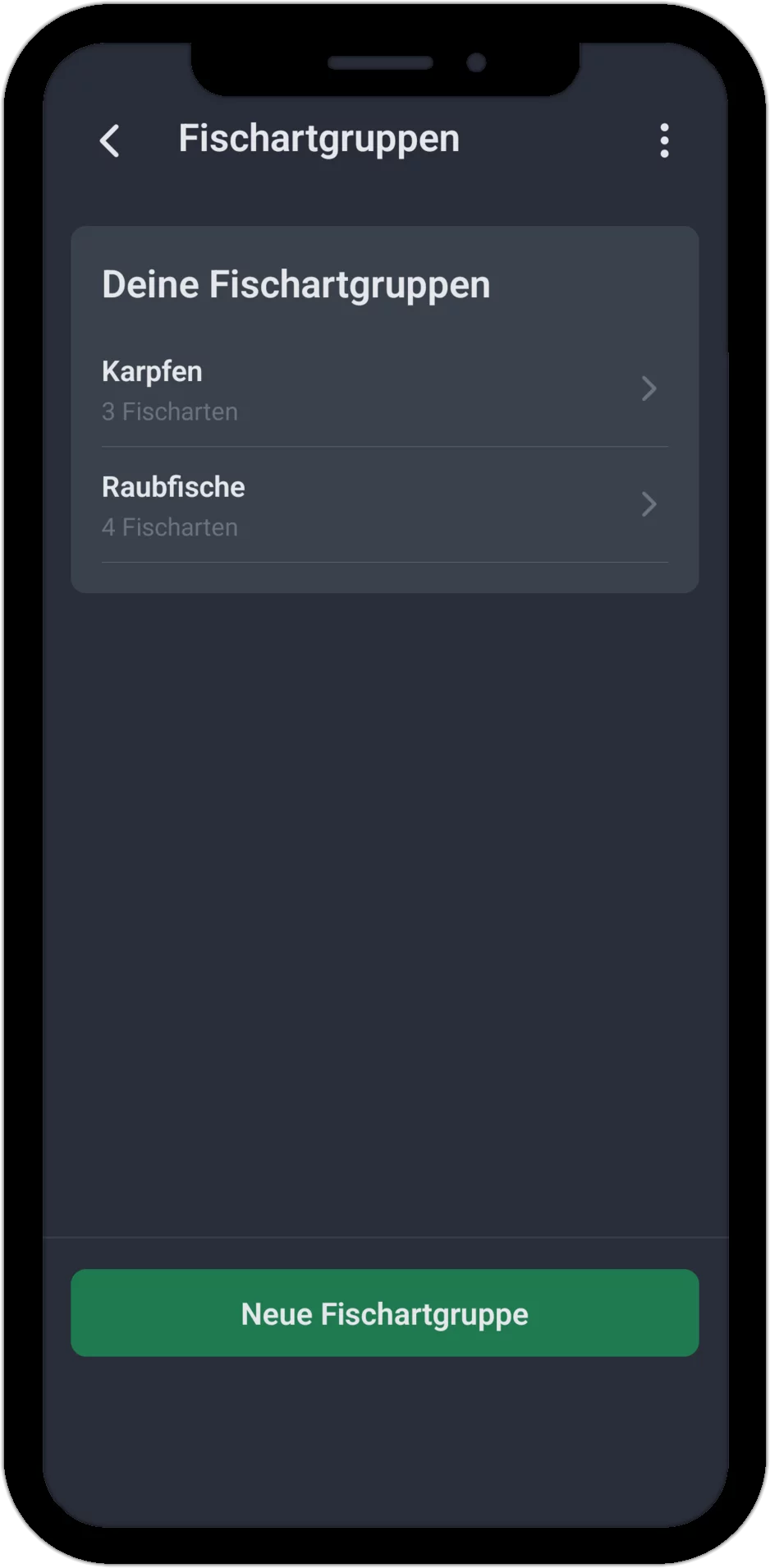 Screenshot: Liste der eigenen Fischartgruppen mit Anzahl zugeordneter Fischarten