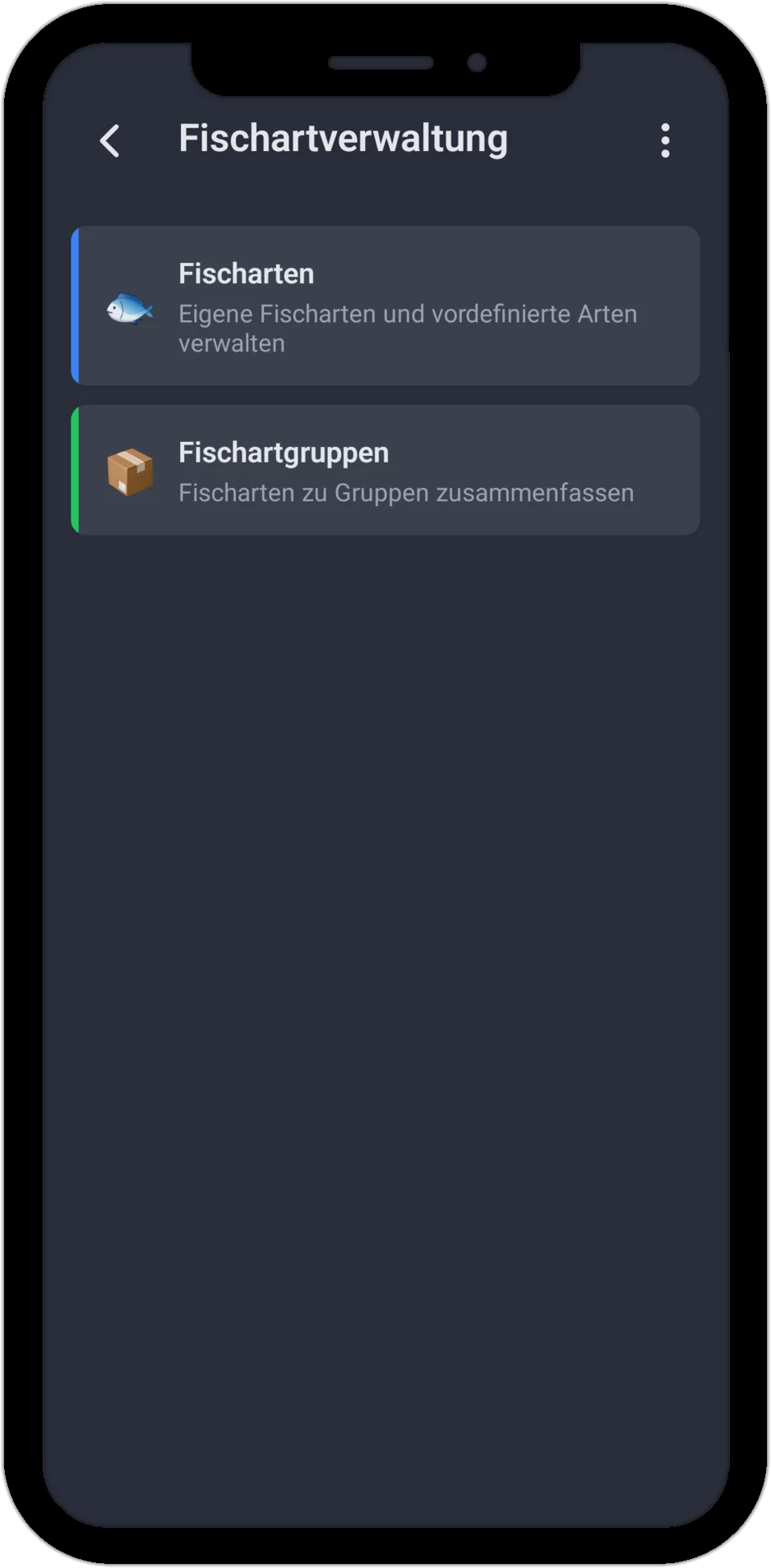 Screenshot: Fischartverwaltung mit den Bereichen Fischarten und Fischartgruppen