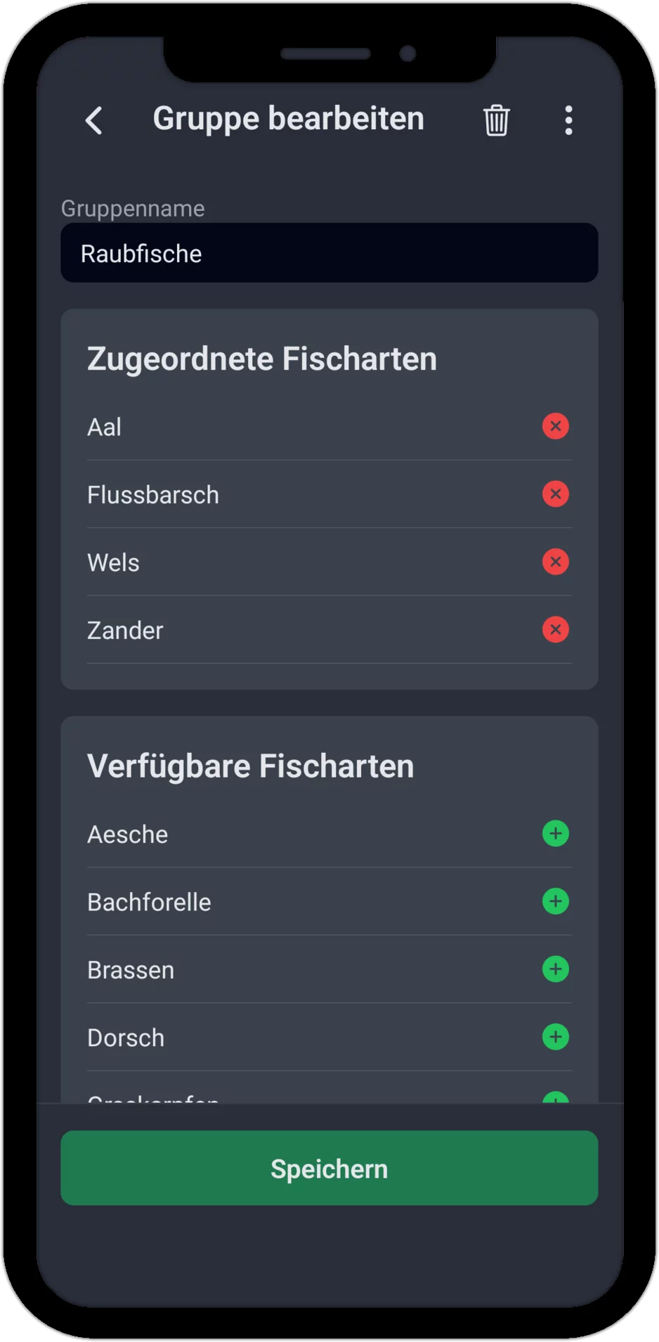 Screenshot: Fischartgruppe bearbeiten mit zugeordneten und verfügbaren Fischarten