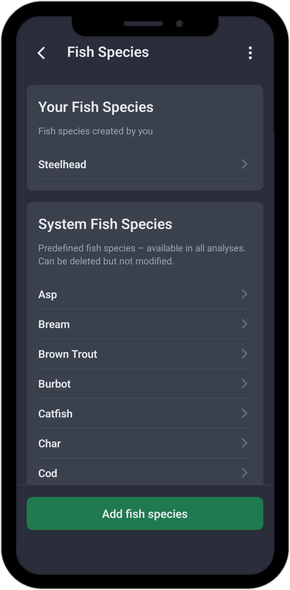 Screenshot: Fish species list with your own and system fish species