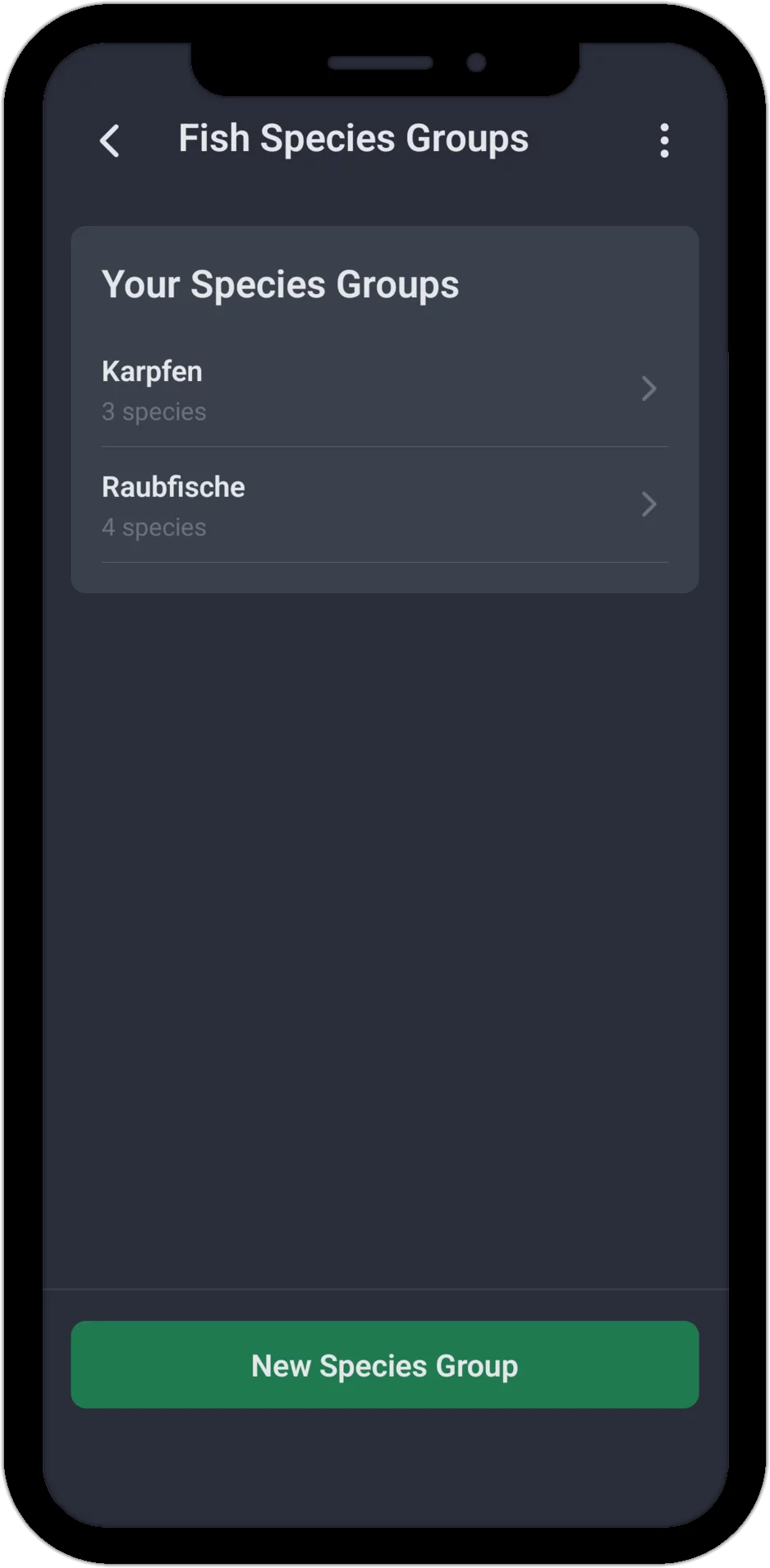 Screenshot: List of your species groups with the number of assigned fish species