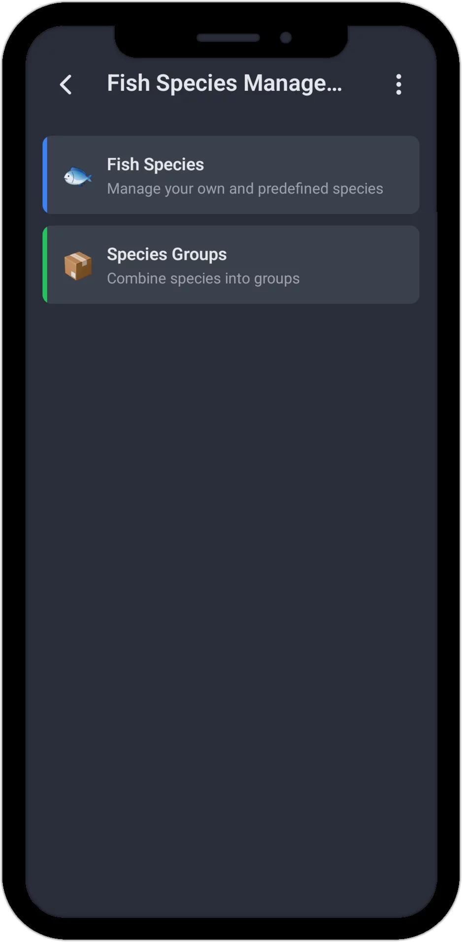 Screenshot: Fish Species Management with the Fish Species and Species Groups areas