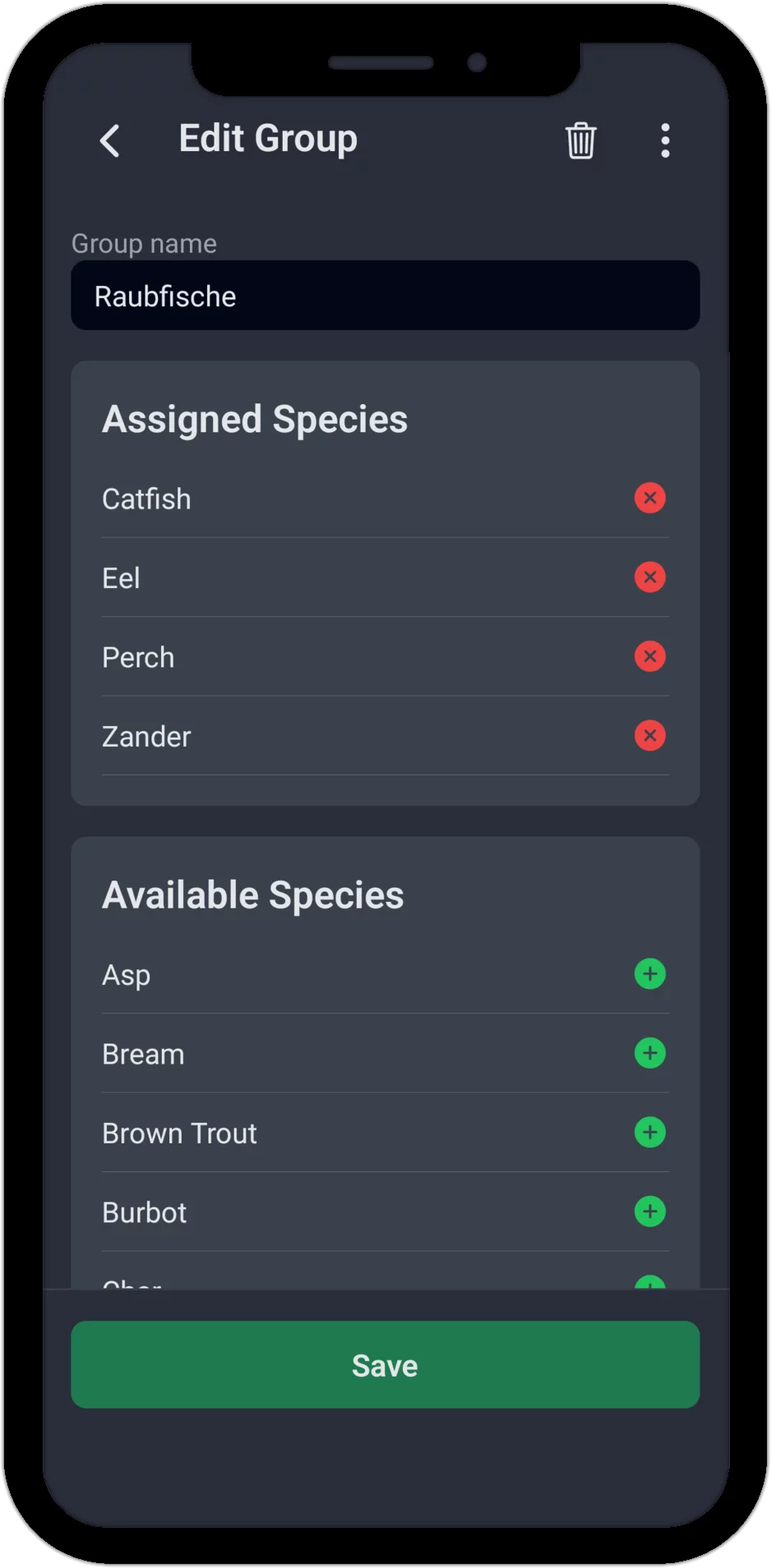 Screenshot: Edit species group with assigned and available fish species
