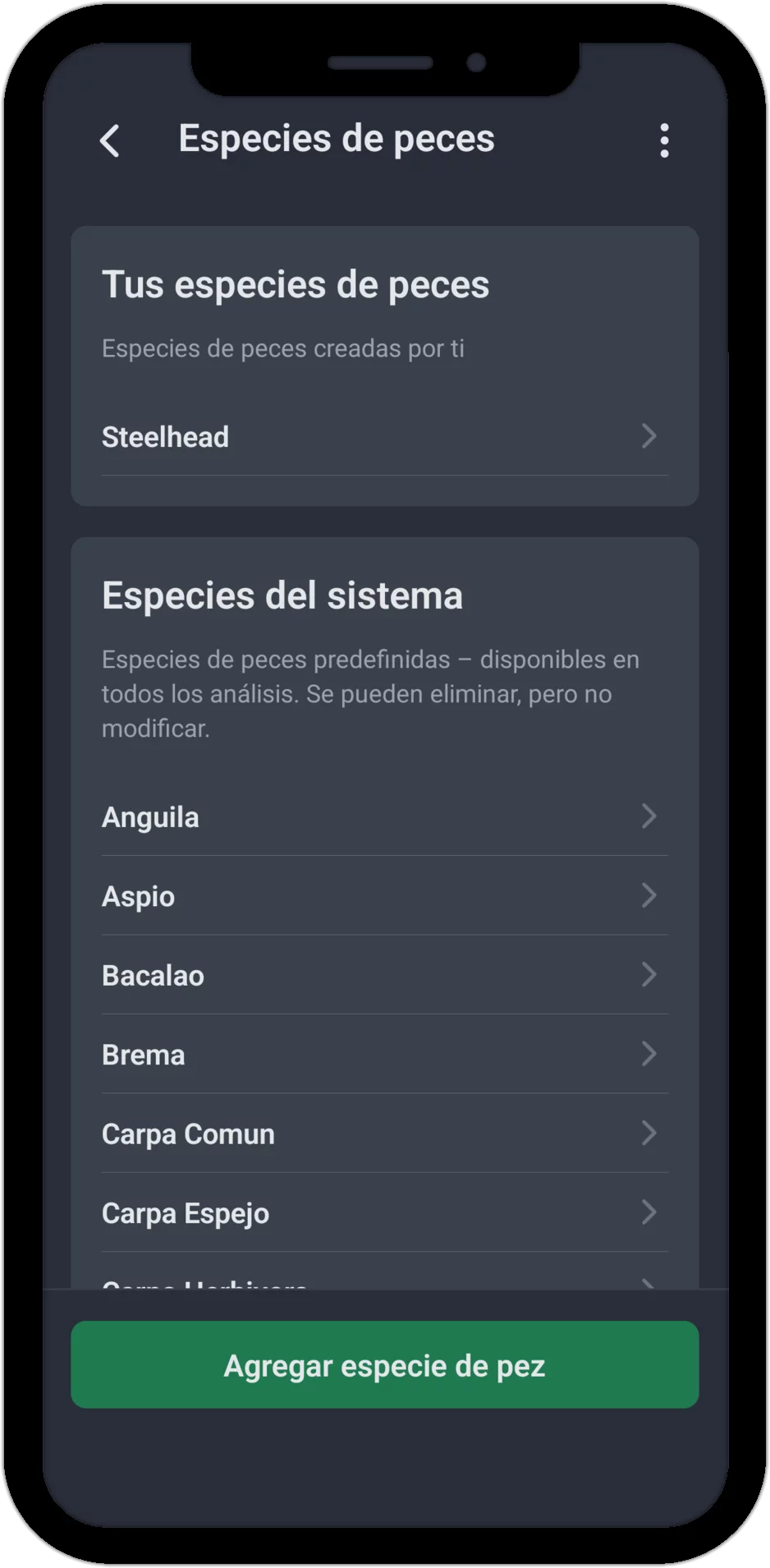 Captura de pantalla: lista de especies de peces con especies propias y del sistema