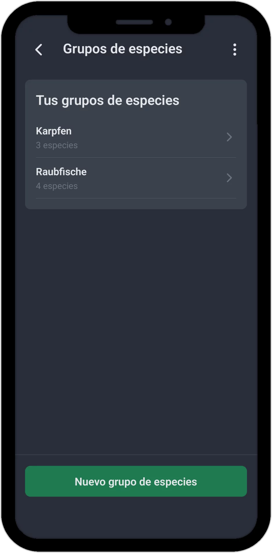 Captura de pantalla: lista de tus grupos de especies con el número de especies asignadas
