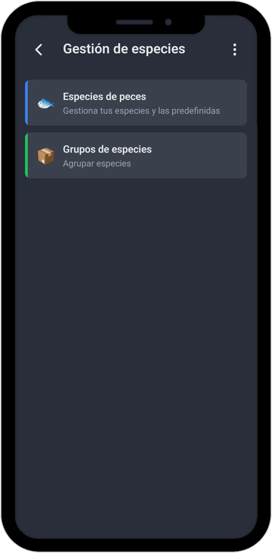 Captura de pantalla: Gestión de especies con las áreas Especies de peces y Grupos de especies