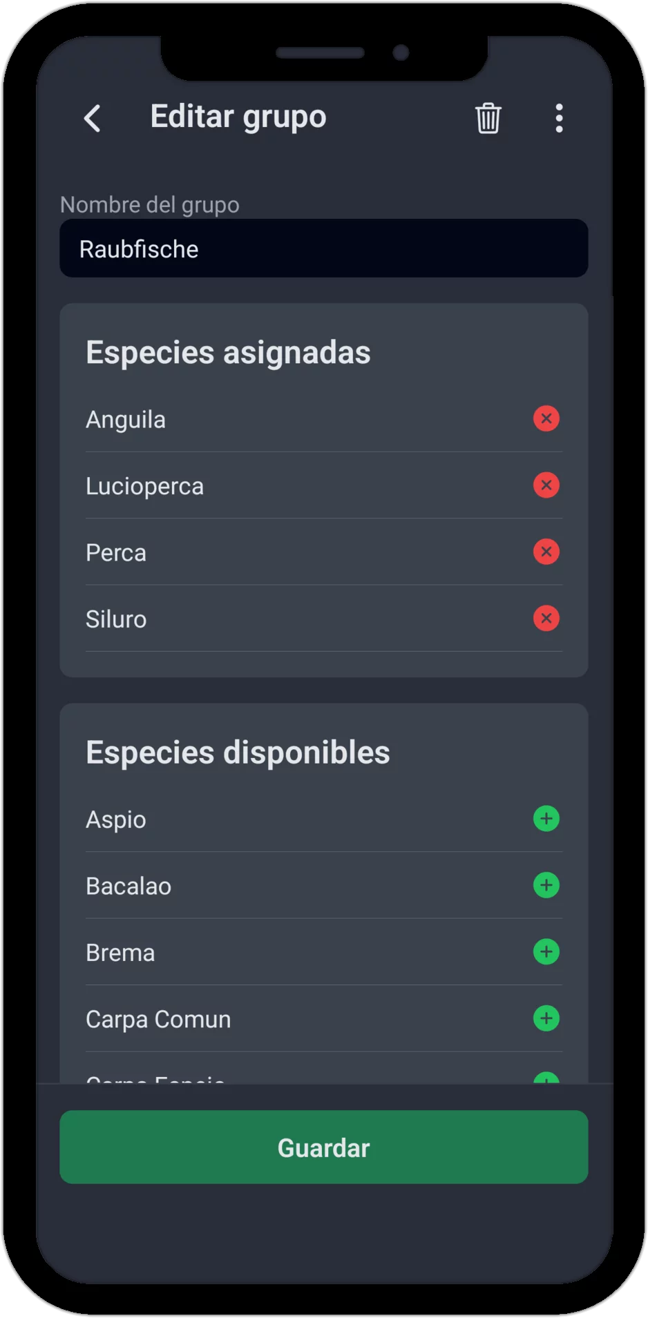 Captura de pantalla: editar grupo de especies con especies asignadas y disponibles