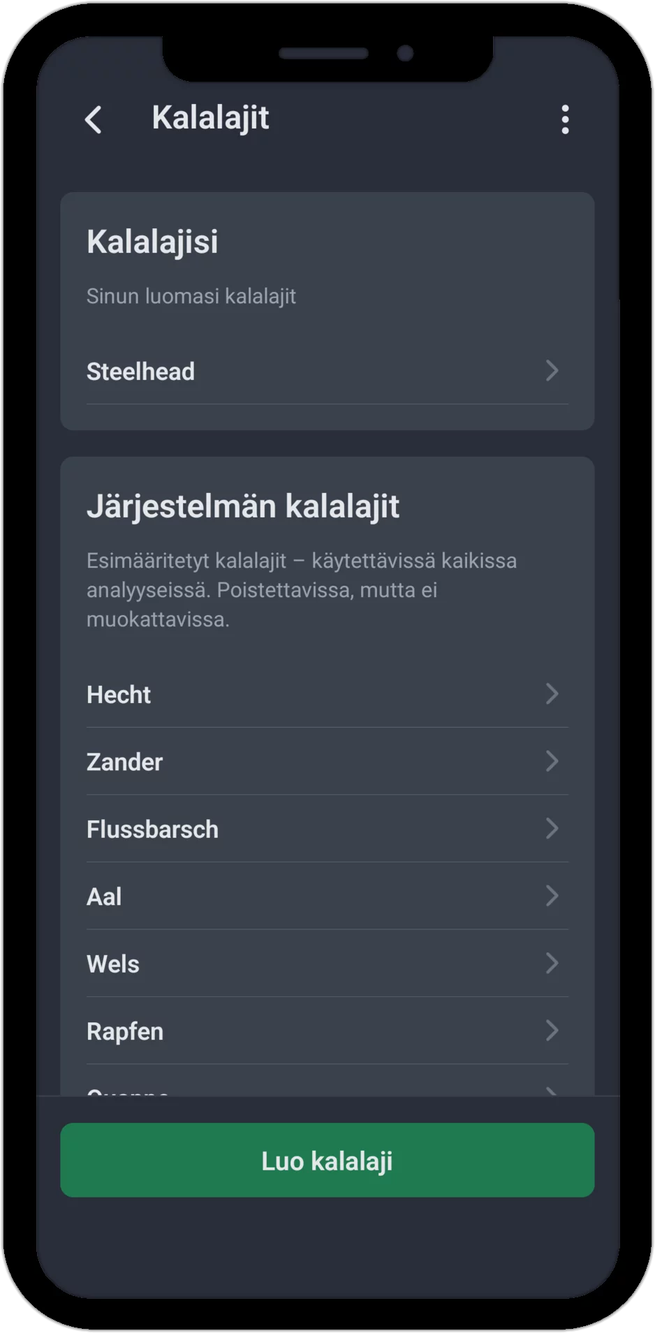 Kuvakaappaus: Kalalajit-lista omilla ja järjestelmän kalalajeilla