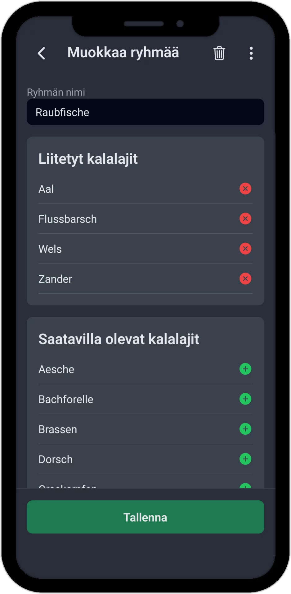 Kuvakaappaus: ryhmän "Raubfische" muokkaus, liitetyt ja saatavilla olevat kalalajit