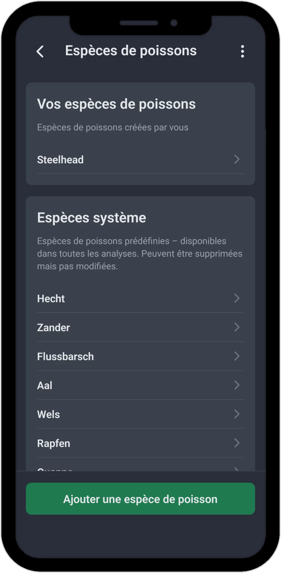 Capture d'écran : liste des espèces de poissons personnelles et système
