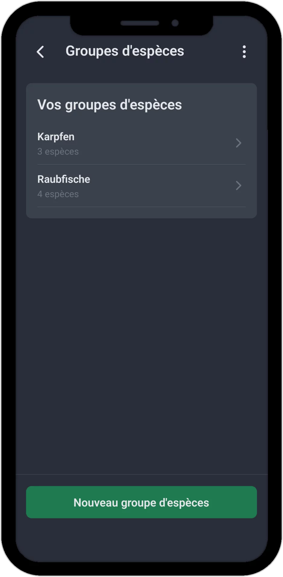 Capture d'écran : liste des groupes d'espèces personnels avec le nombre d'espèces associées