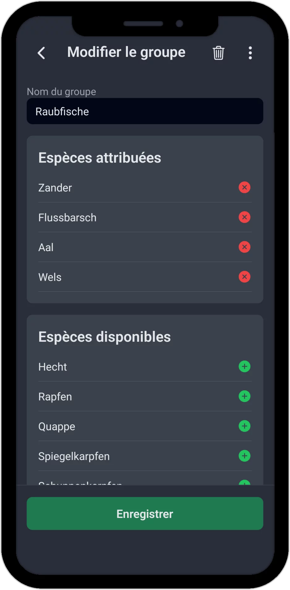 Capture d'écran : modifier un groupe d'espèces avec les espèces attribuées et disponibles