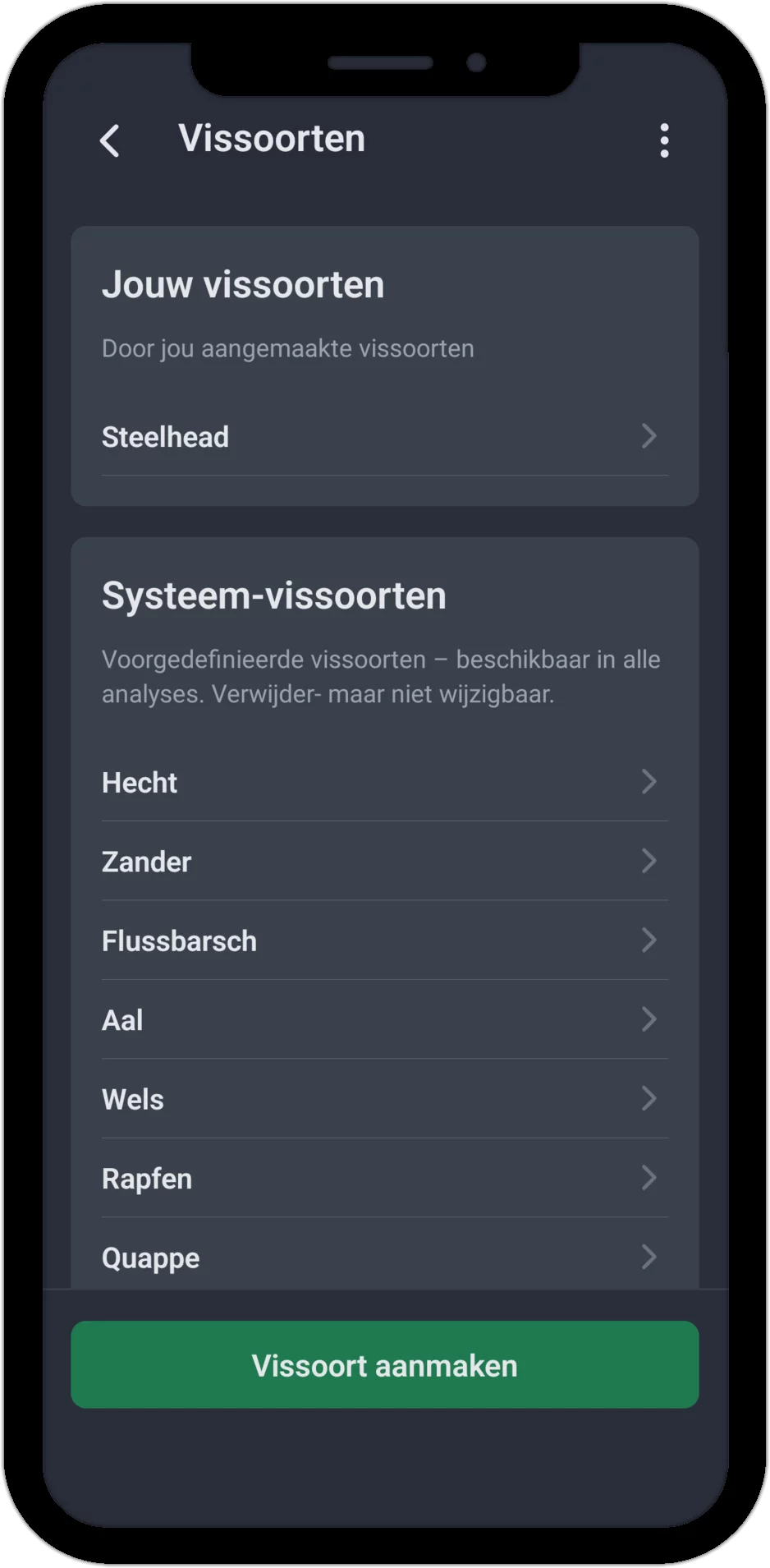 Screenshot: Vissoortenlijst met eigen en systeem-vissoorten