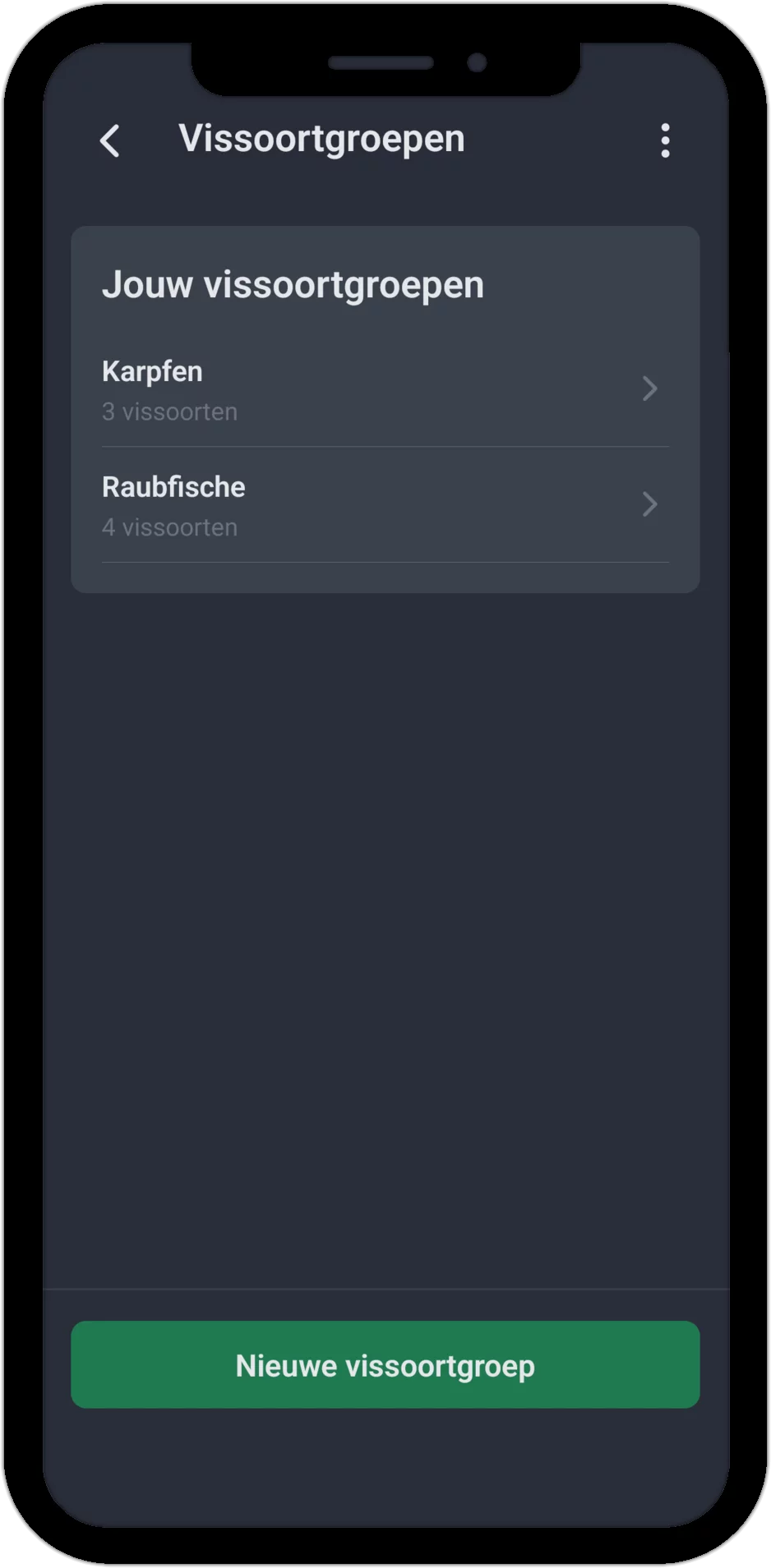 Screenshot: lijst met jouw vissoortgroepen inclusief aantal toegewezen vissoorten