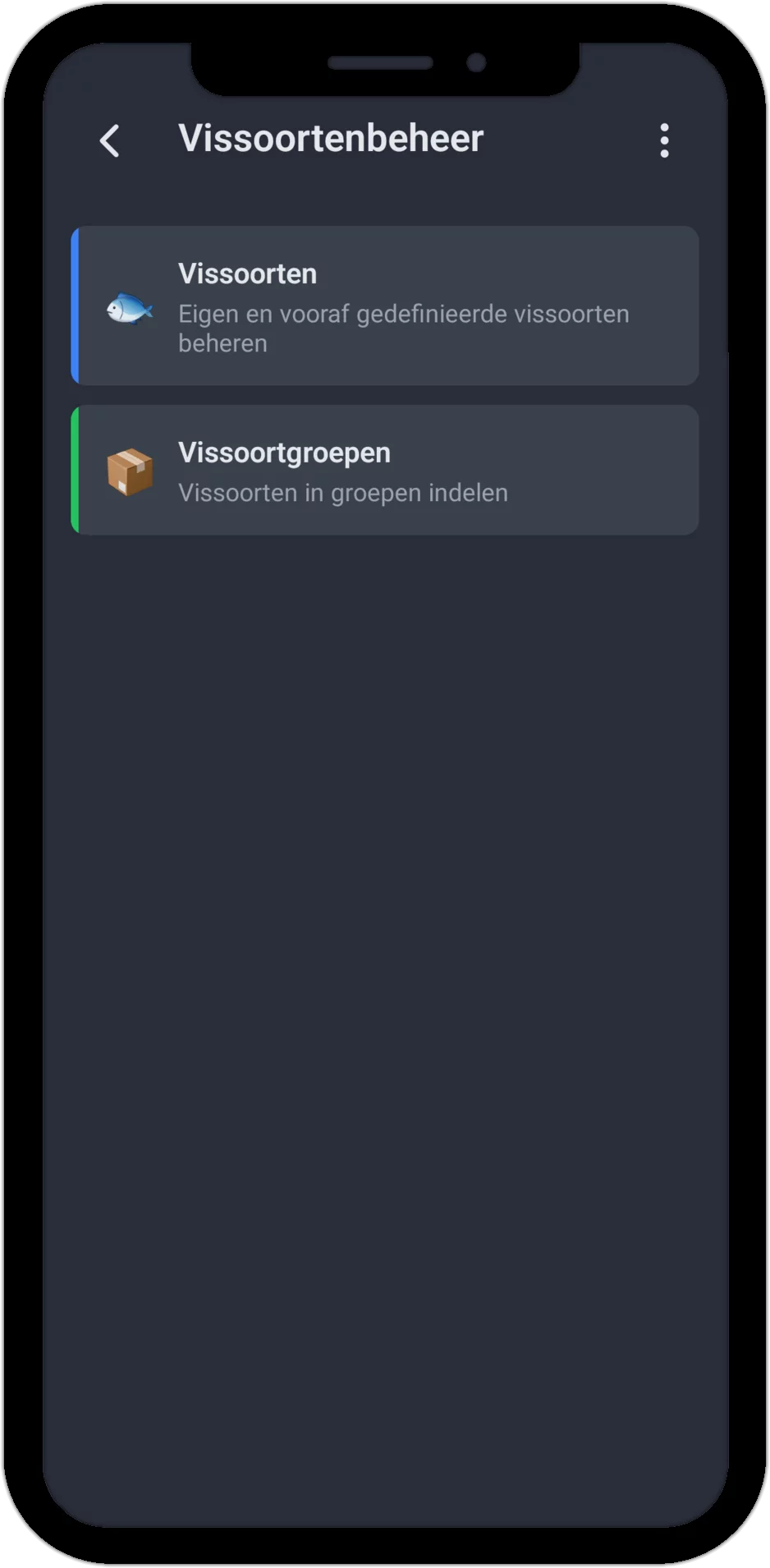 Screenshot: Vissoortenbeheer met de onderdelen Vissoorten en Vissoortgroepen