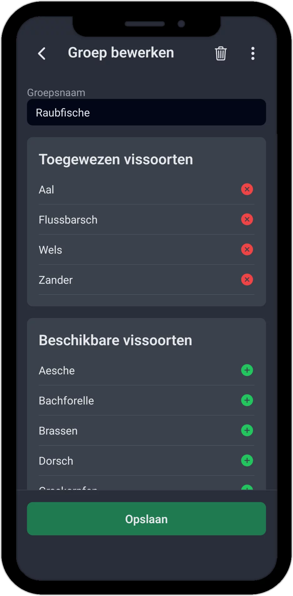 Screenshot: Vissoortgroep bewerken met toegewezen en beschikbare vissoorten