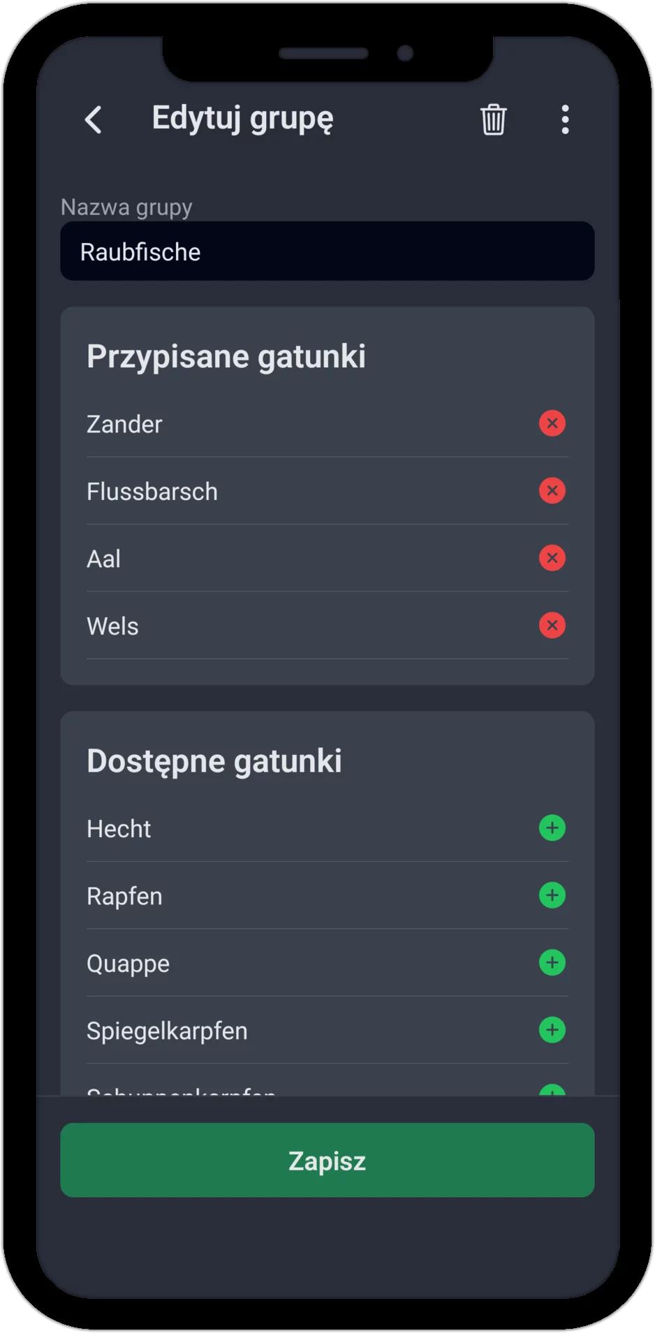Zrzut ekranu: edycja grupy gatunków z przypisanymi i dostępnymi gatunkami