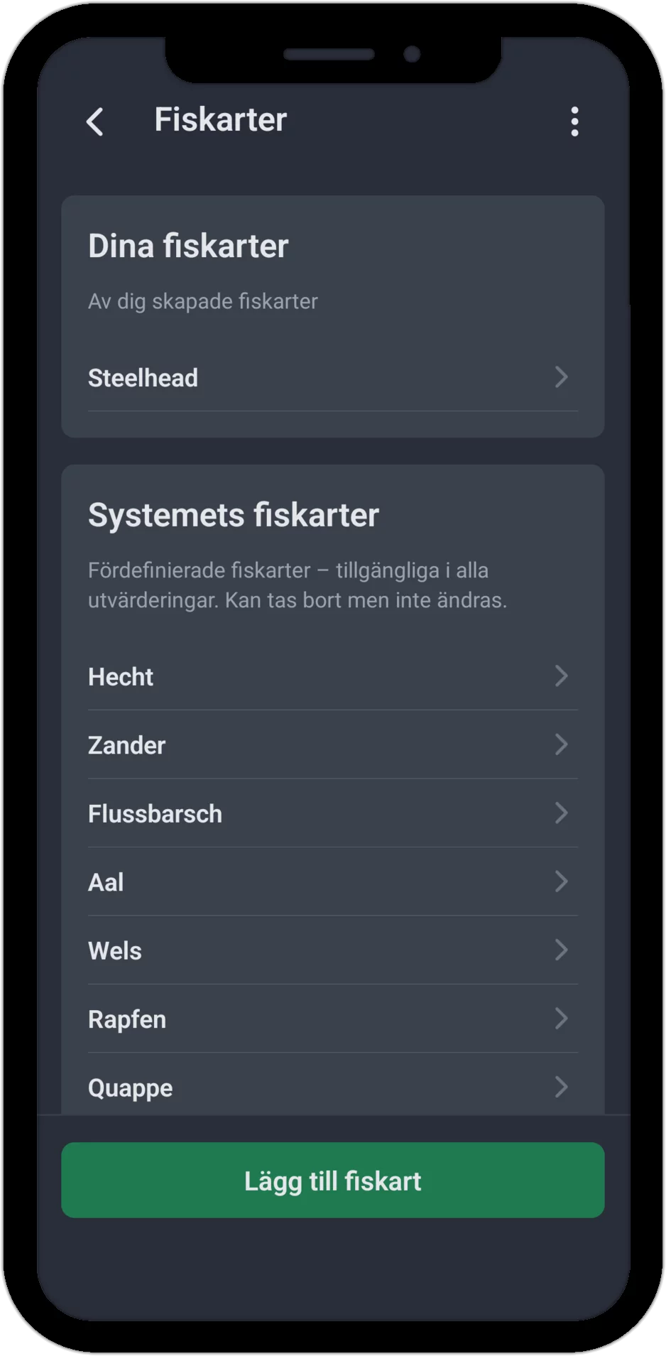 Skärmbild: Lista över fiskarter med egna och systemets fiskarter