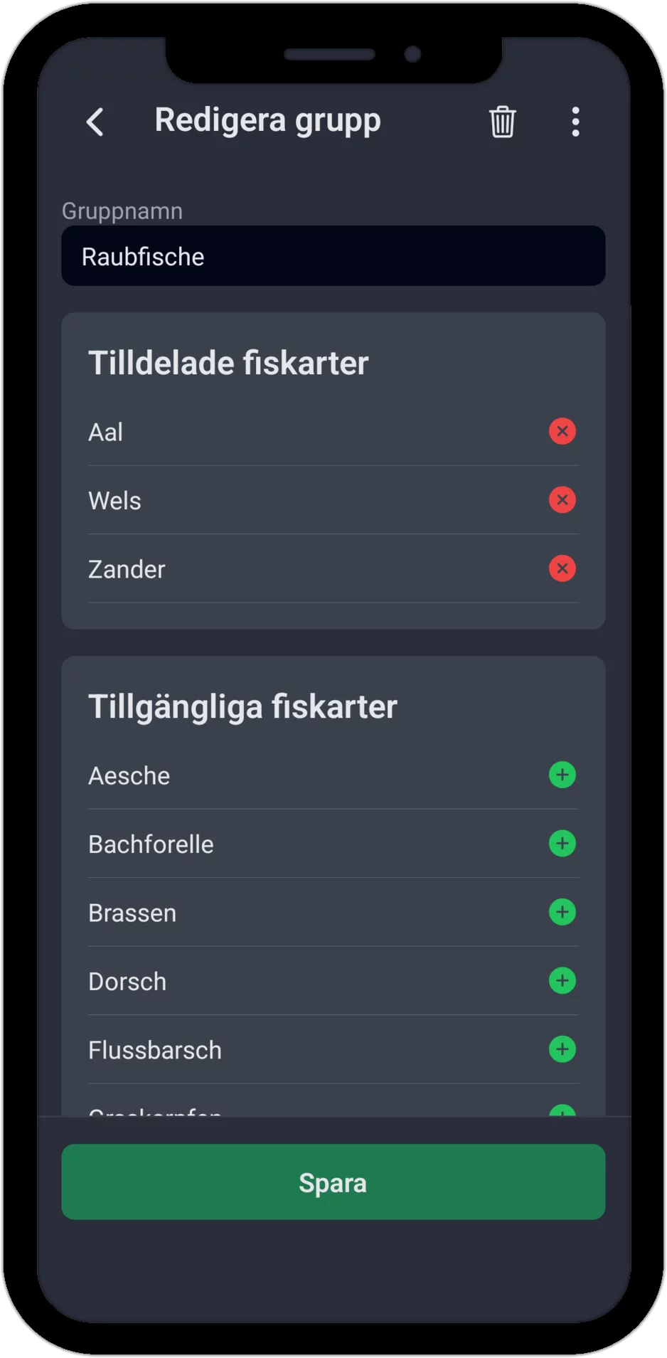 Skärmbild: Redigera fiskartsgrupp med tilldelade och tillgängliga fiskarter