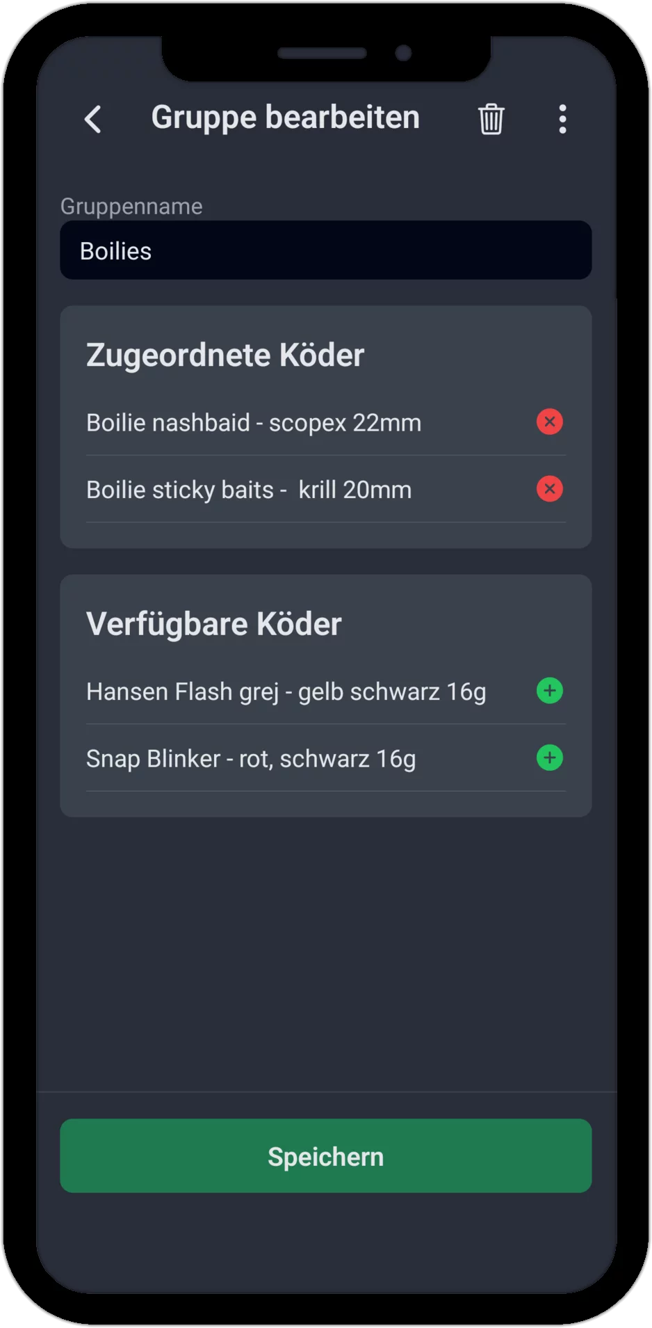 Screenshot: Ködergruppe bearbeiten mit zugeordneten und verfügbaren Ködern