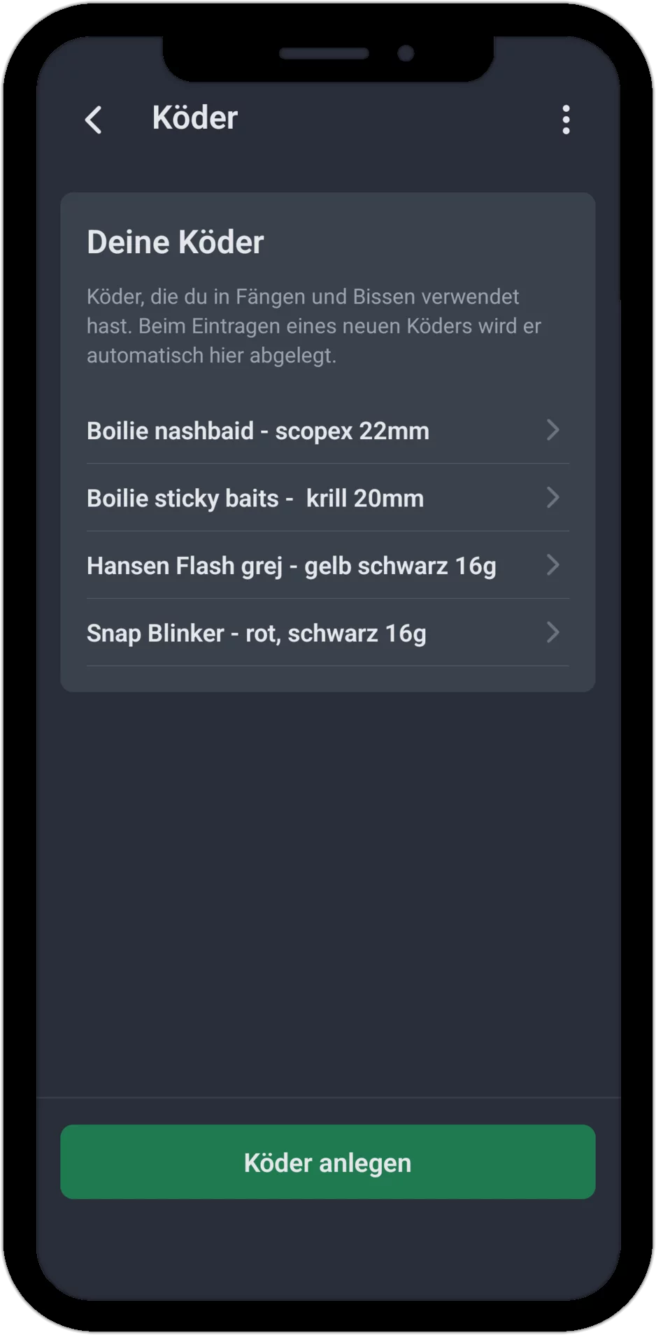 Screenshot: Köderliste mit allen bisher erfassten Ködern