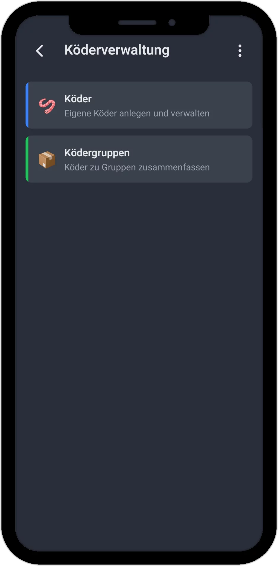 Screenshot: Köderverwaltung mit den Bereichen Köder und Ködergruppen
