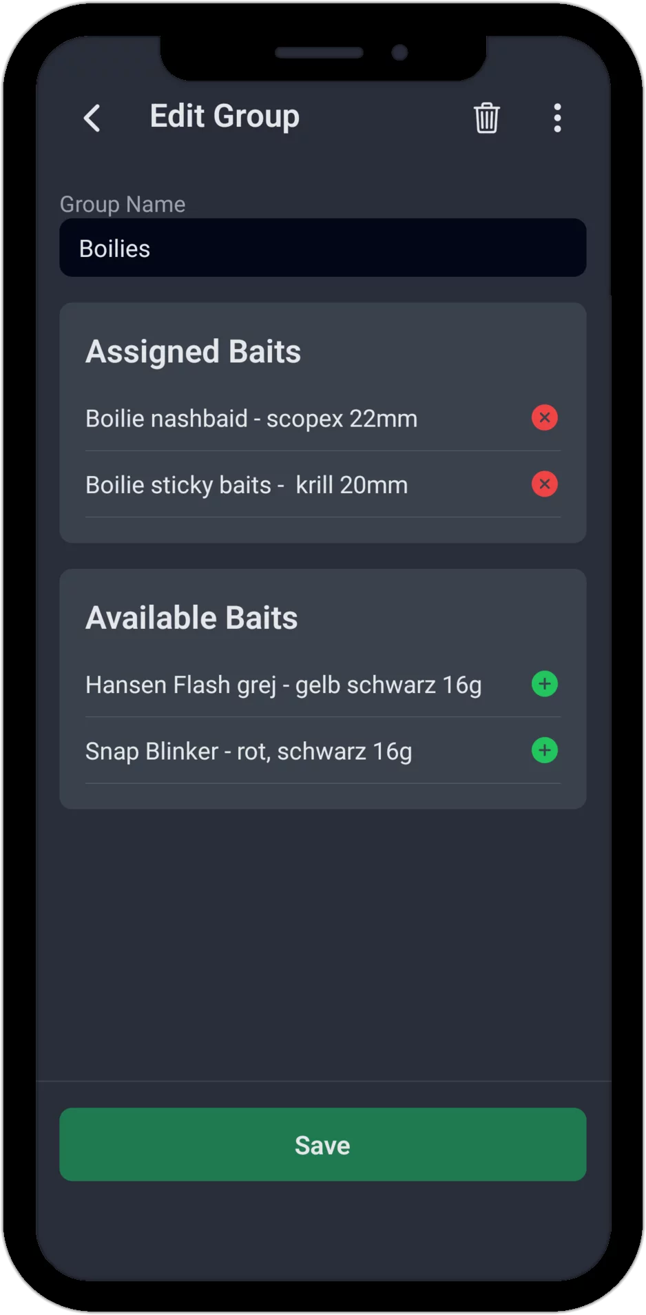 Screenshot: Edit bait group with assigned and available baits