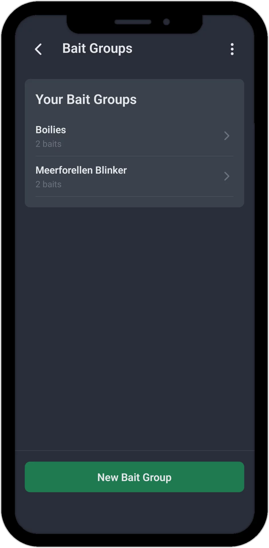Screenshot: List of your bait groups with the number of assigned baits