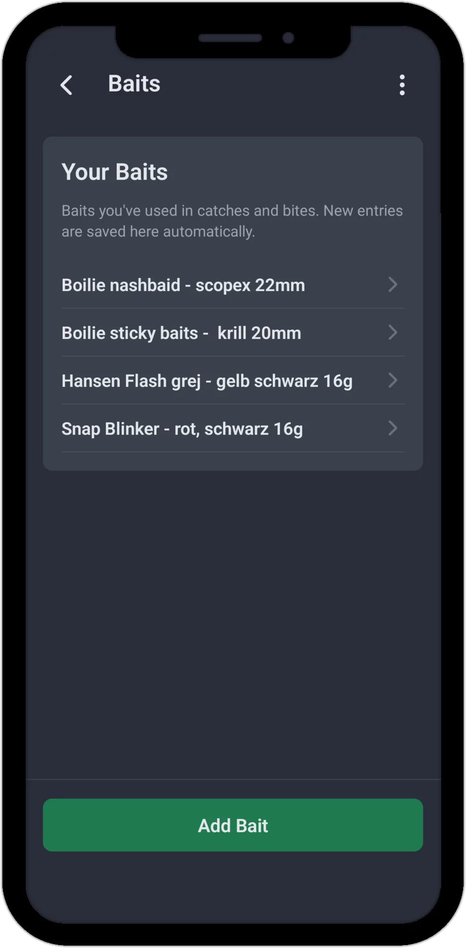 Screenshot: Bait list with all baits logged so far