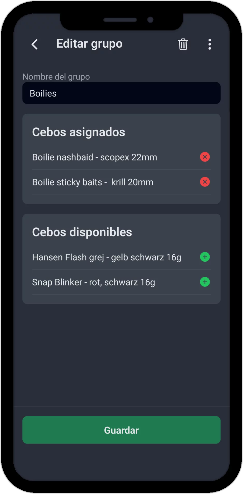 Captura de pantalla: editar grupo de cebos con cebos asignados y disponibles