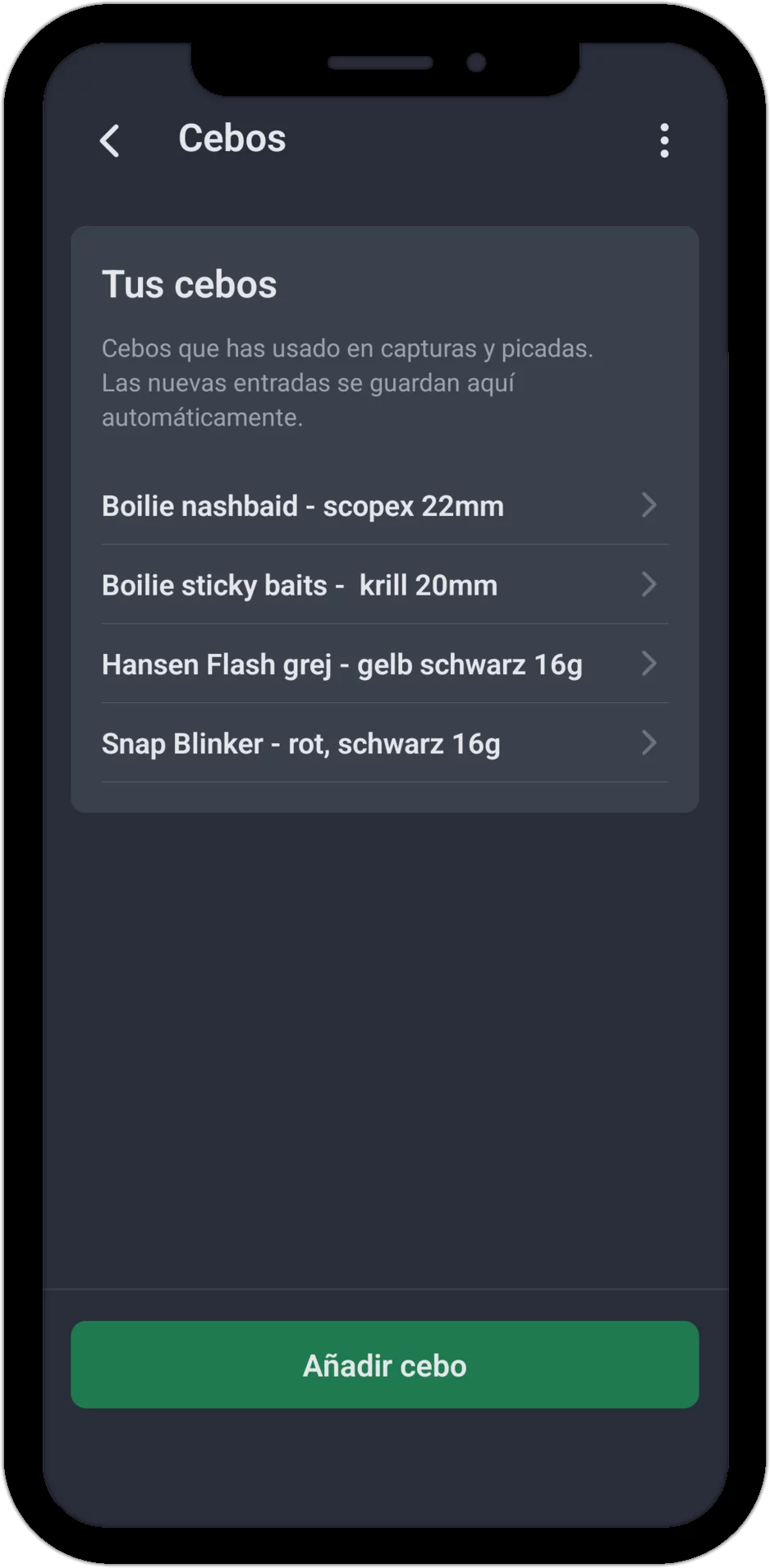 Captura de pantalla: lista de cebos con todos los cebos registrados hasta ahora