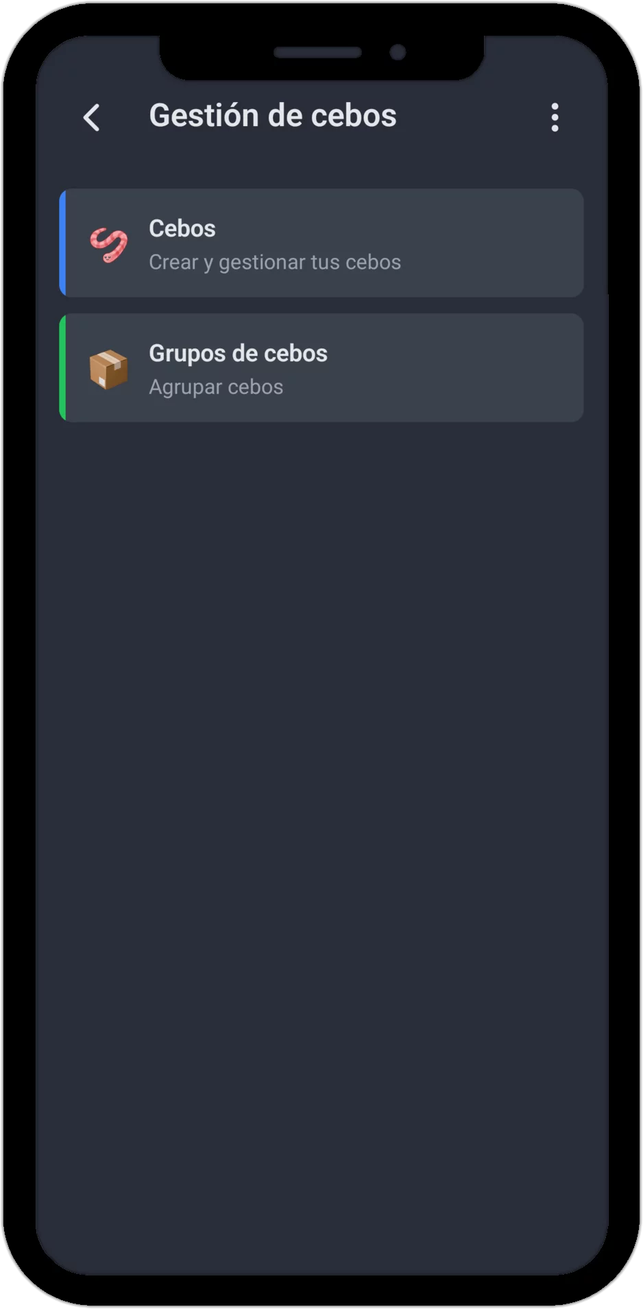 Captura de pantalla: gestión de cebos con las áreas Cebos y Grupos de cebos