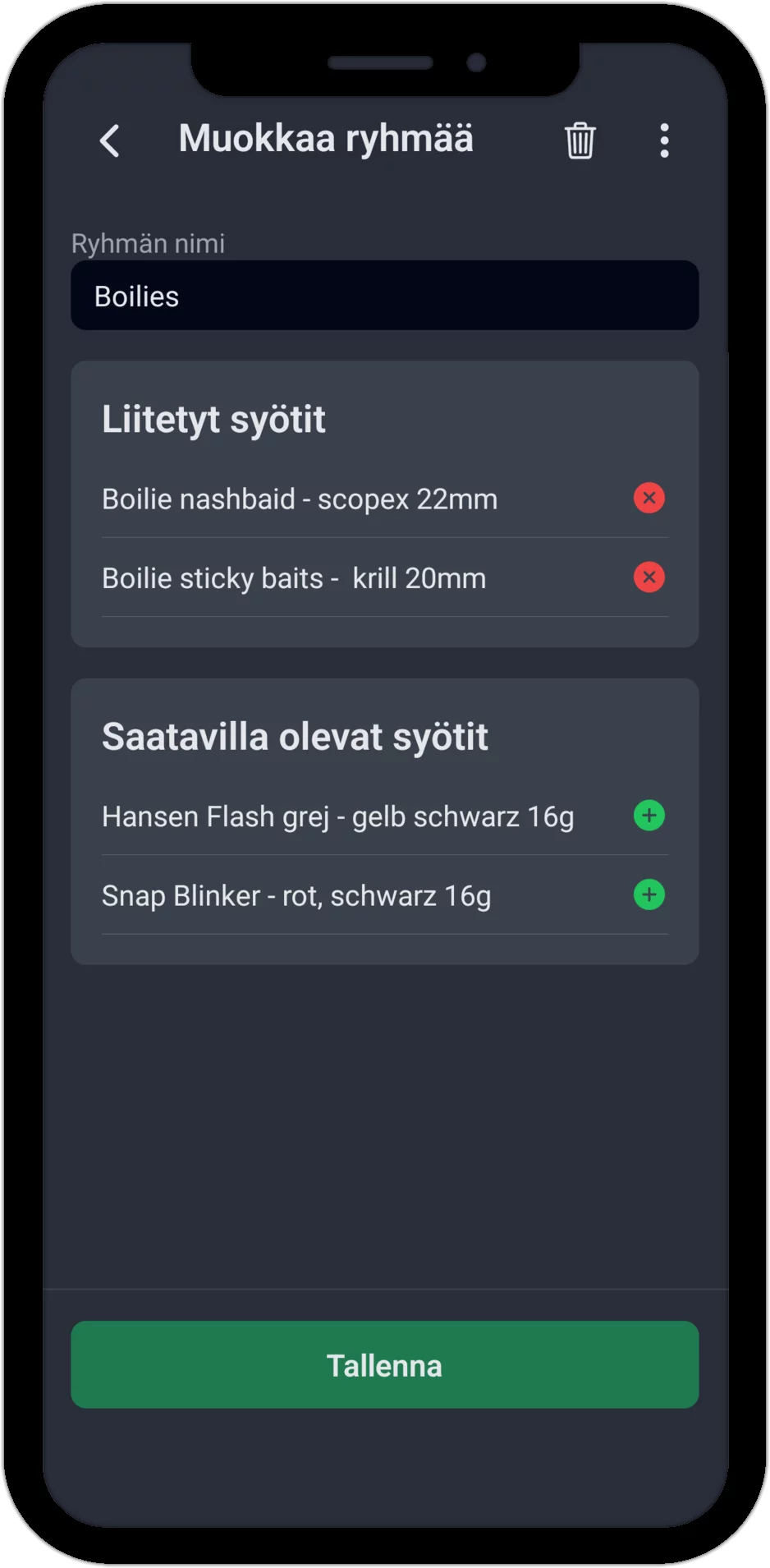 Kuvakaappaus: ryhmän "Boilies" muokkaus, liitetyt ja saatavilla olevat syötit