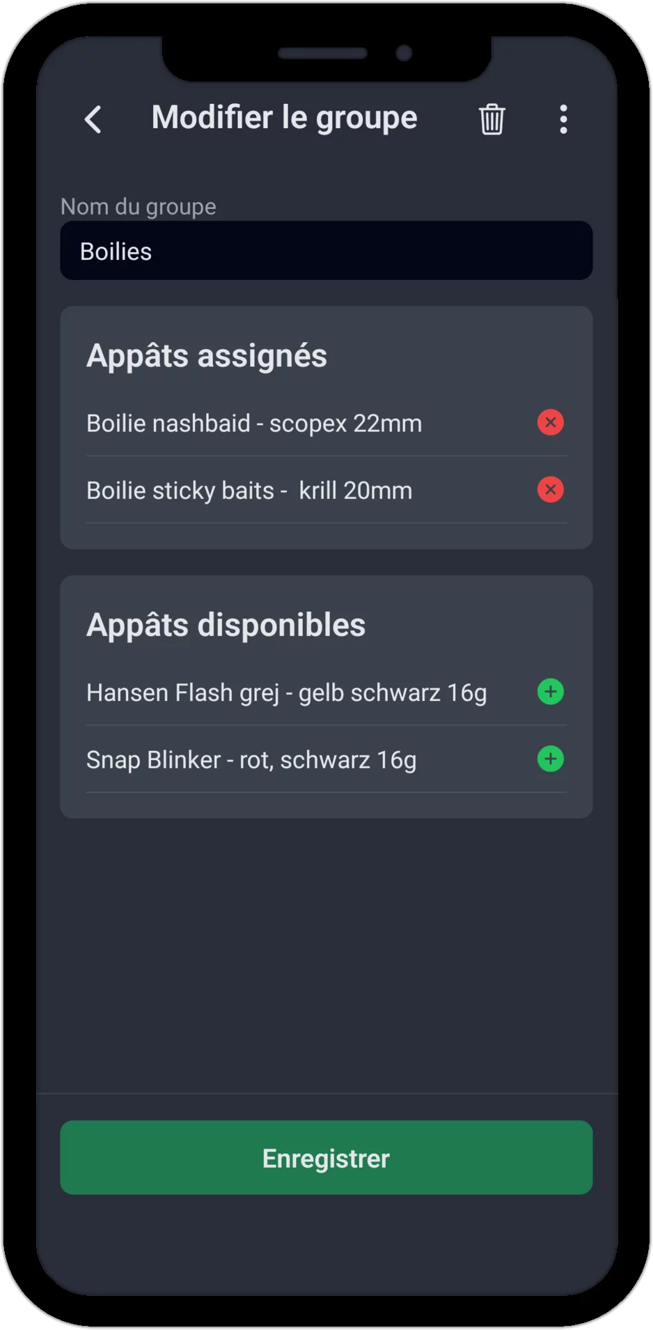Capture d'écran : modifier un groupe d'appâts avec les appâts assignés et disponibles