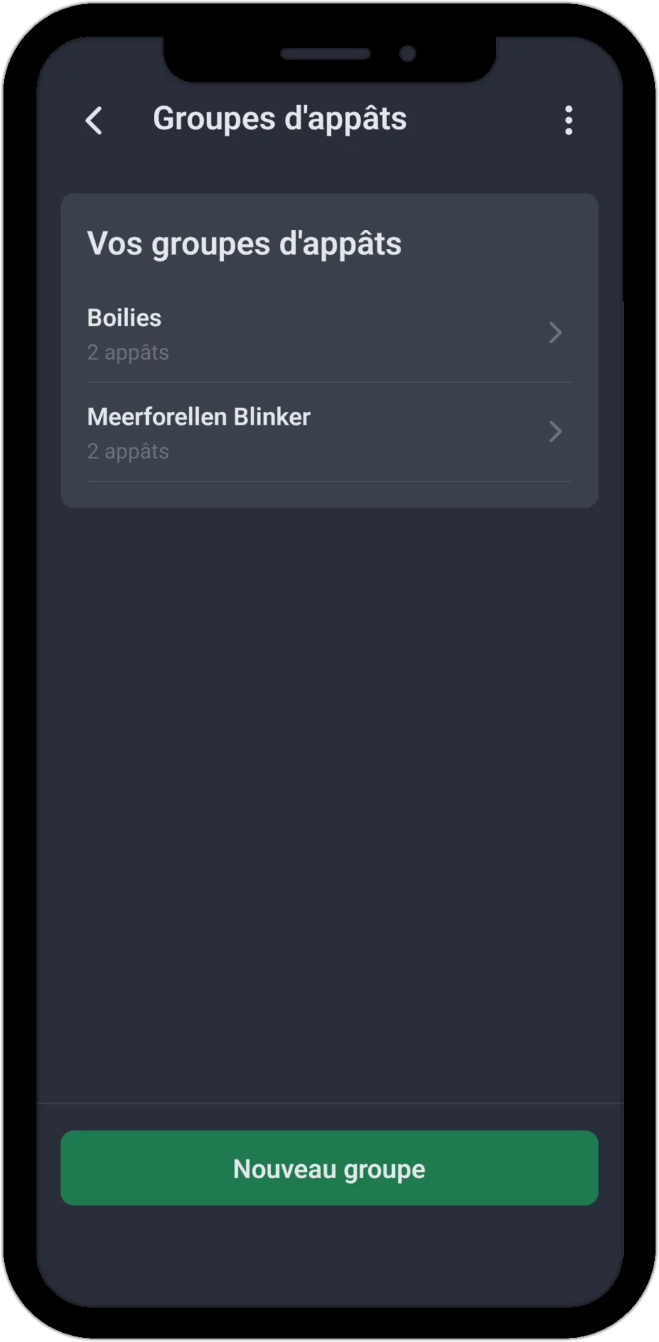 Capture d'écran : liste des groupes d'appâts personnels avec le nombre d'appâts associés