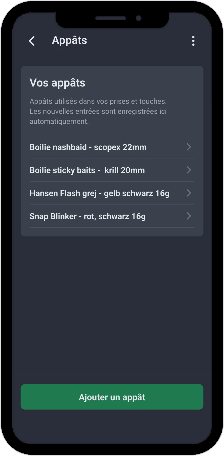 Capture d'écran : liste des appâts avec tous les appâts saisis jusqu'à présent