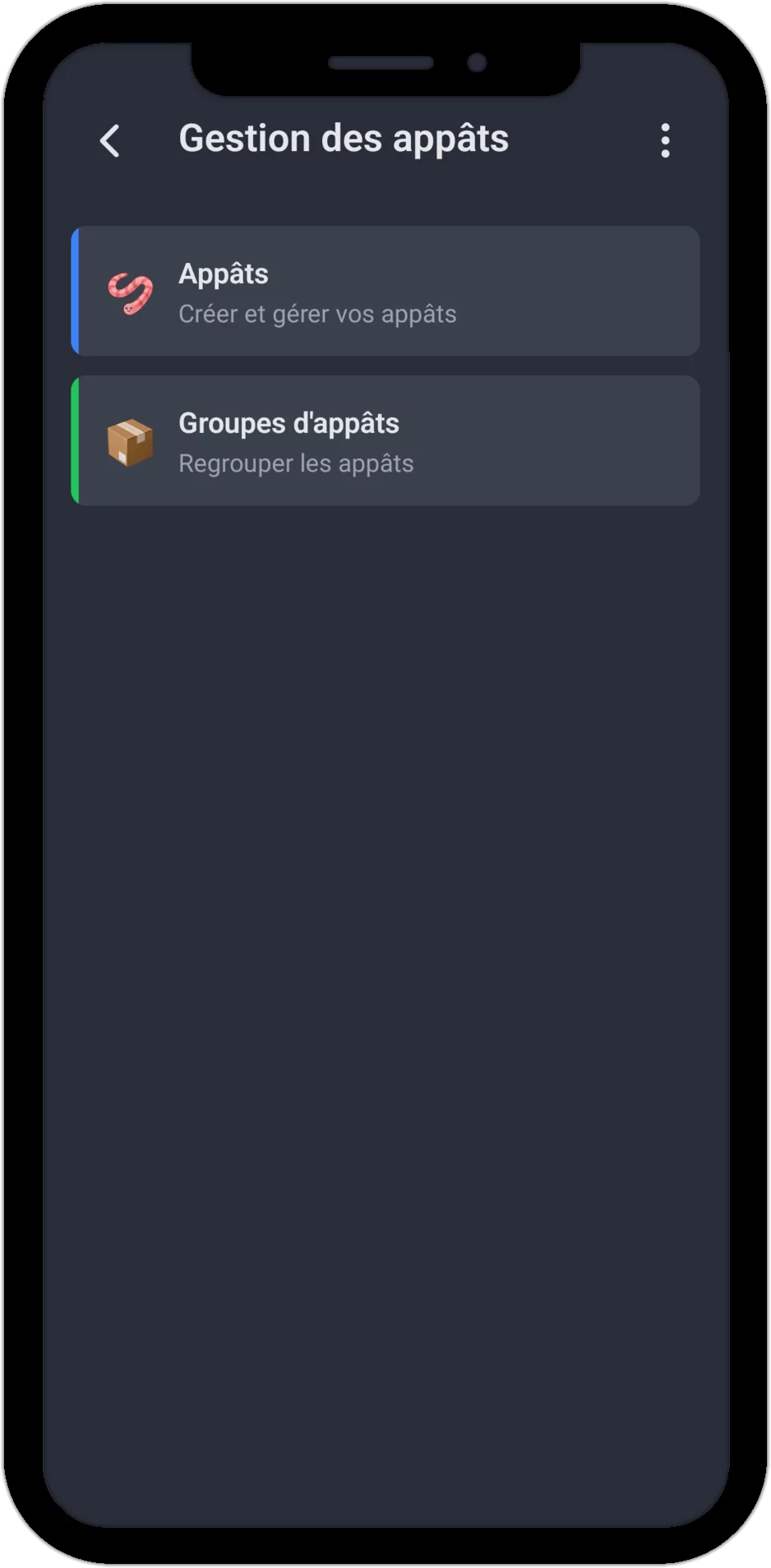 Capture d'écran : gestion des appâts avec les domaines Appâts et Groupes d'appâts
