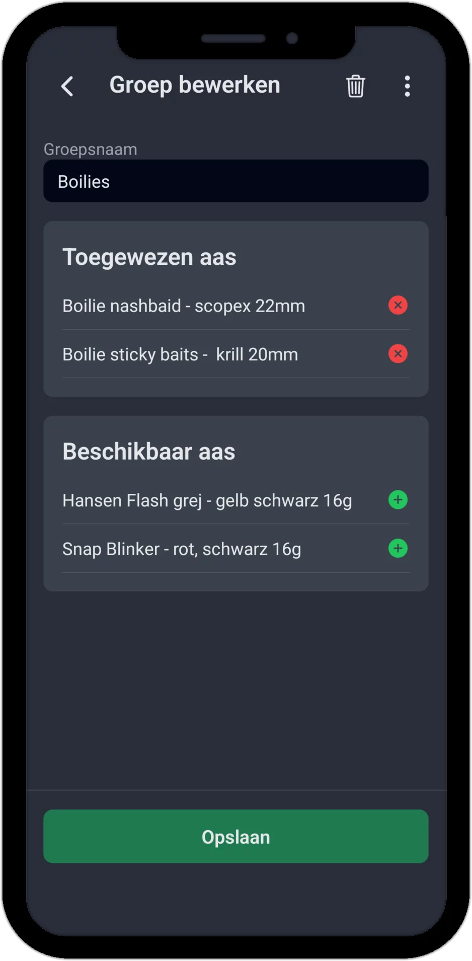 Screenshot: Aasgroep bewerken met toegewezen en beschikbaar aas