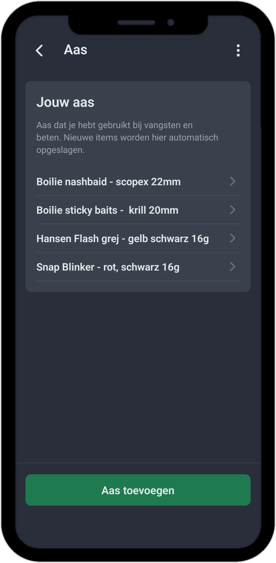 Screenshot: Aaslijst met al het tot nu toe geregistreerde aas