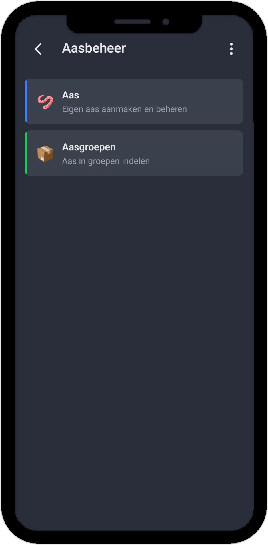Screenshot: Aasbeheer met de onderdelen Aas en Aasgroepen