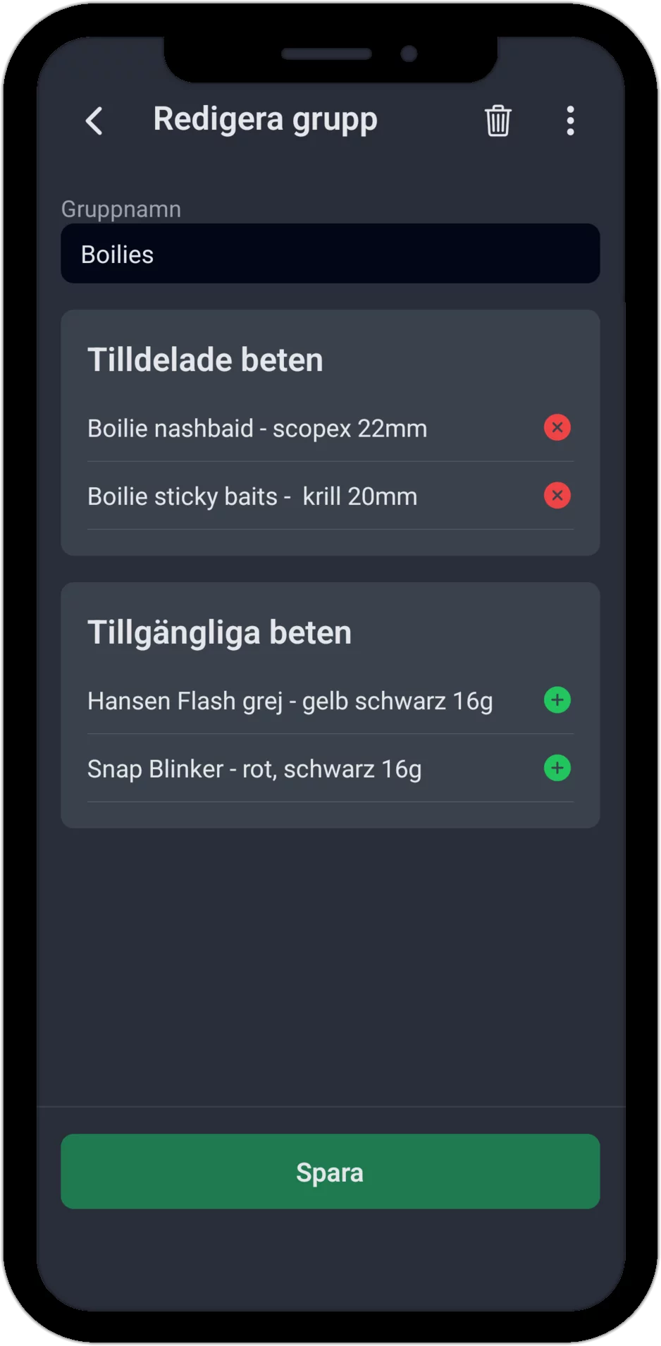 Skärmbild: Redigera betesgrupp med tilldelade och tillgängliga beten