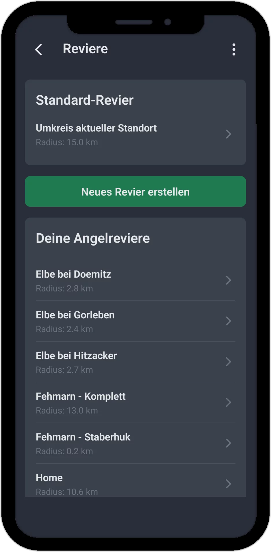 Screenshot: Liste aller Angelreviere mit Radius und Standard-Revier