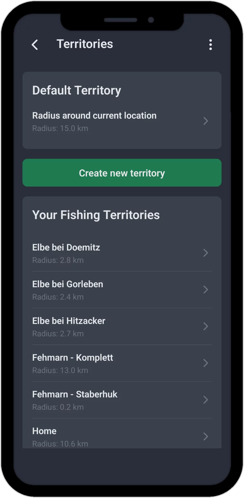 Screenshot: Territories list with radius per territory and the Default Territory highlighted