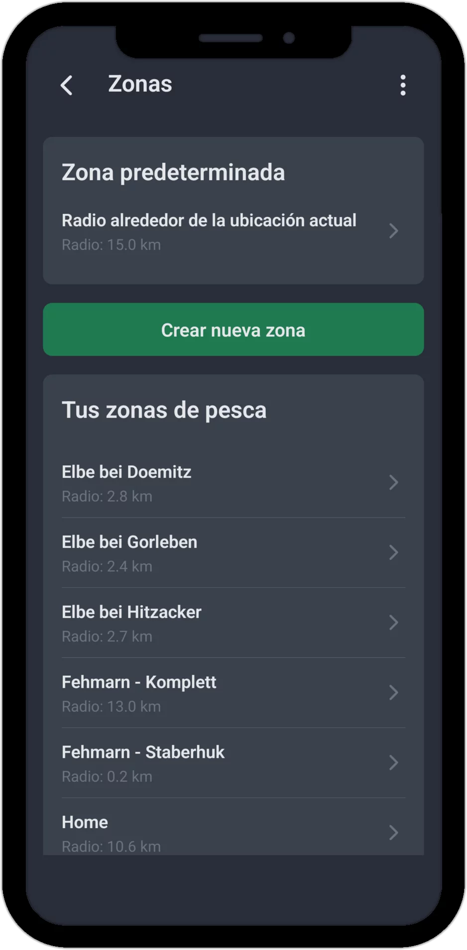 Captura de pantalla: lista de zonas de pesca con radio y zona predeterminada, y botón para crear nueva zona