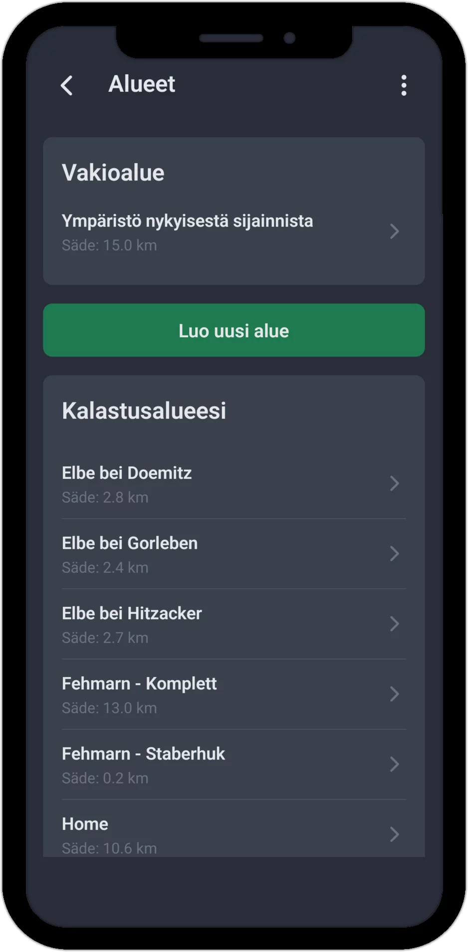 Kuvakaappaus: kaikkien kalastusalueiden lista säteineen ja vakioalueella